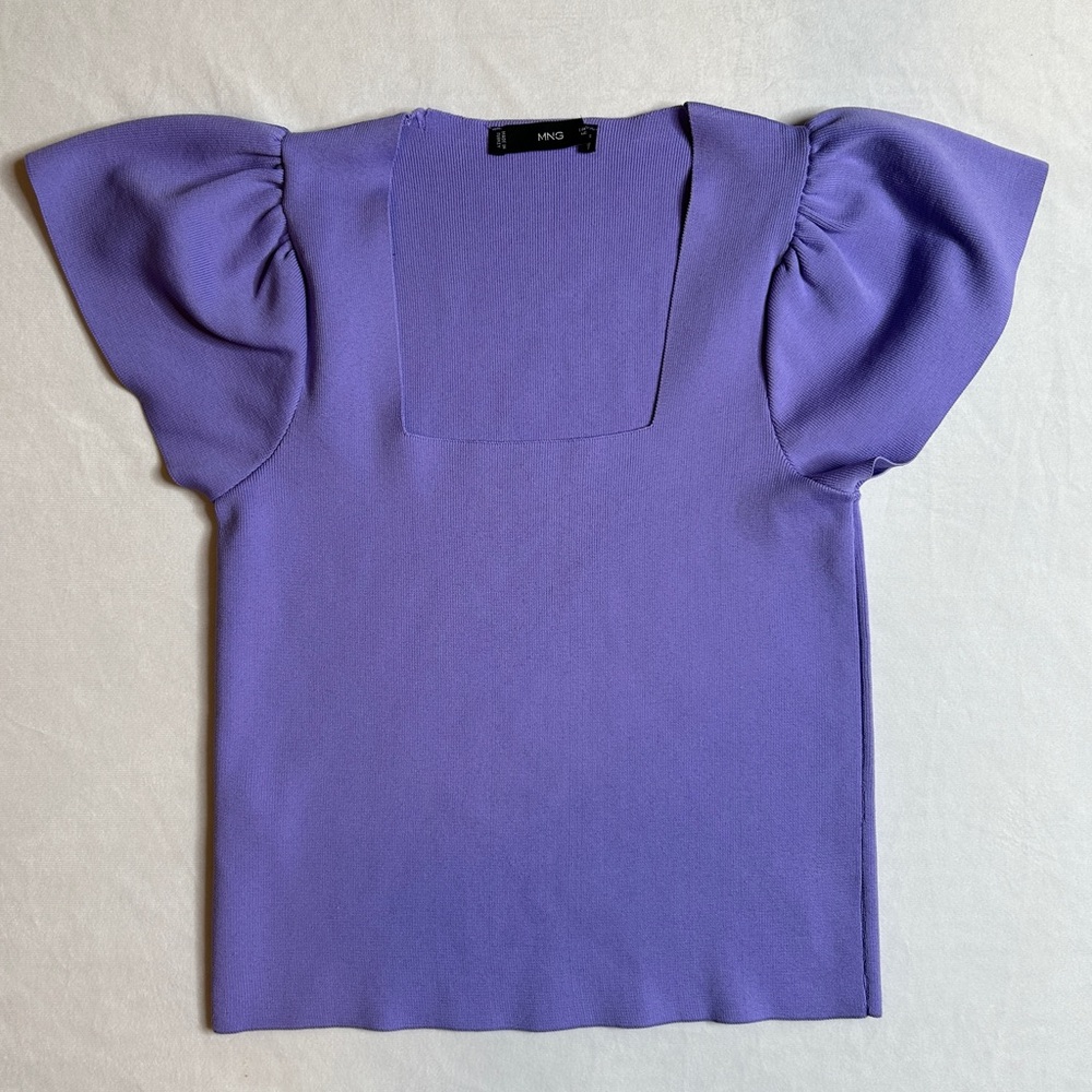 Mango Lilac Puff Sleeve Ribbed Square Neck Top | Size S